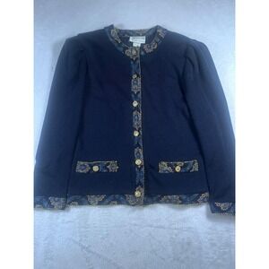 Vintage Jeffrey & Dara Sweater Womens 7/8 Blue Paisley Trim Cardigan USA 80s